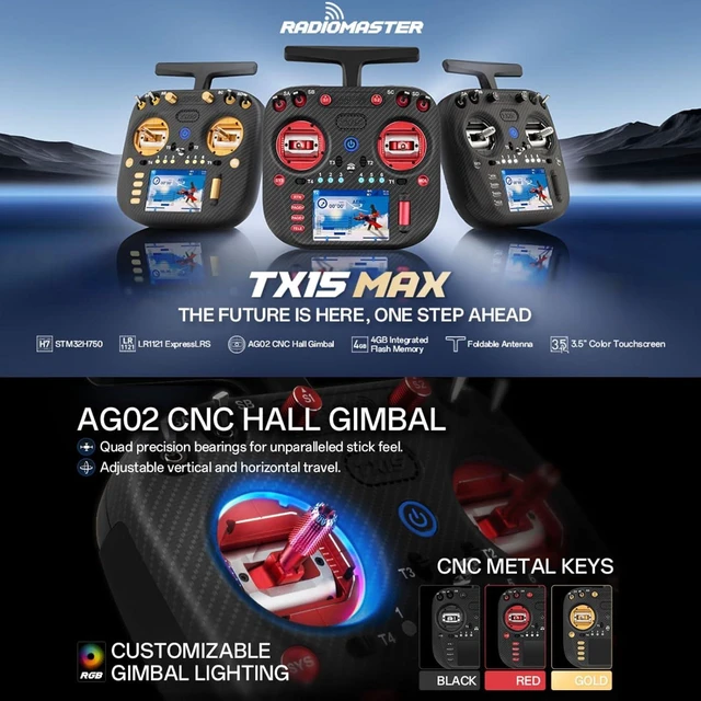 Alt view image 2 of 7 - RadioMaster TX15 Max V5.0 16CH 2.4G RC Transmitter - ELRS, 3.5" IPS Touchscreen, AG02 CNC Hall Gimbals, Built-in Gyro & Mic, Supports OpenTX/EdgeTX, Mode 2 for FPV (TX15 MAX- Anodized Gold)