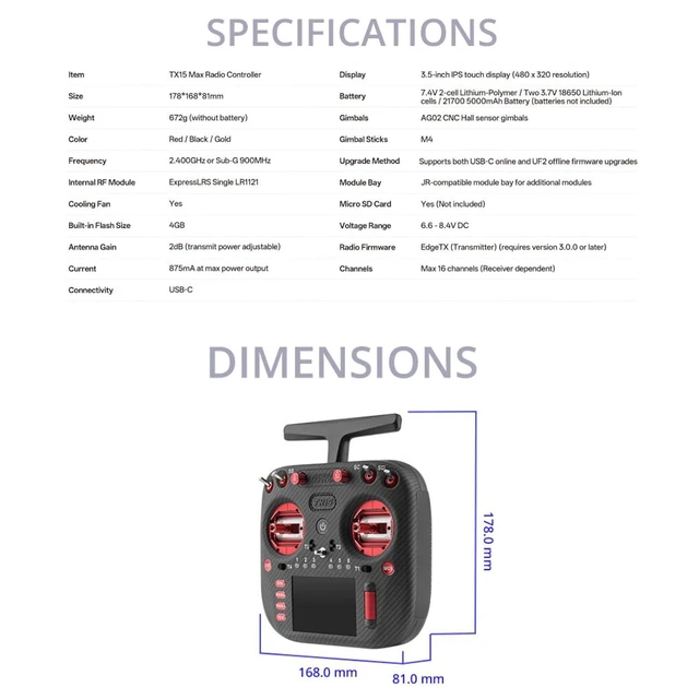 Alt view image 5 of 7 - RadioMaster TX15 Max V5.0 16CH 2.4G RC Transmitter - ELRS, 3.5" IPS Touchscreen, AG02 CNC Hall Gimbals, Built-in Gyro & Mic, Supports OpenTX/EdgeTX, Mode 2 for FPV (TX15 MAX- Anodized red)