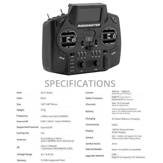 Alt view image 5 of 7 - HTLNUZD Radiomaster GX12 3D Digital CNC Hall Gimbal Dual-Band Antenna Gemini XROSSBAND ExpressLRS Radio Controller ELRS Model 2
