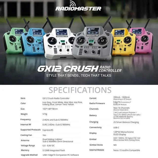 Alt view image 3 of 7 - HTLNUZD Radiomaster GX12 Crush ELRS Radio Transmitter 2.4G Dual 1W, Gemini Xrossband Mode2 (Blue GX12)