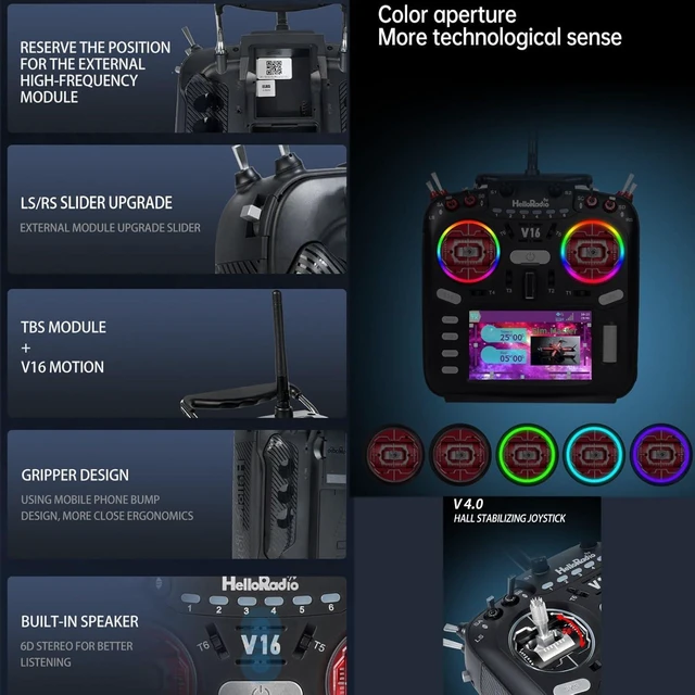 Alt view image 2 of 7 - HTLNUZD V16 MAX ELRS 2.4GHz Multi-Protocol 16CH Transmitter EDGETX/OPENTX Compatible FPV Remote with 4.3" Touchscreen 6-Axis Gyro, and Reverse Polarity Protection for Racing Drones & Aircraft Model 2