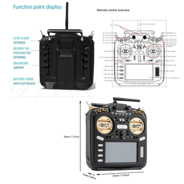 Alt view image 4 of 7 - HTLNUZD V16 MAX ELRS 2.4GHz Multi-Protocol 16CH Transmitter EDGETX/OPENTX Compatible FPV Remote with 4.3" Touchscreen 6-Axis Gyro, and Reverse Polarity Protection for Racing Drones & Aircraft Model 2