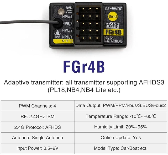 Alt view image 4 of 7 - HTLNUZD Flysky FGr4B 4CH AFHDS 3 Receiver for RC Car Boat 2.4Ghz PWM/PPM/i-Bus/S.Bus/i-bus2 Output Compatible FS PL18 NB4 Lite NB4 Transmitter