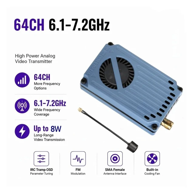 Alt view image 2 of 7 - HTLNUZD RushTank 6.1G 7.2G VTX 8W CNC FPV Video Transmitter w/Mic