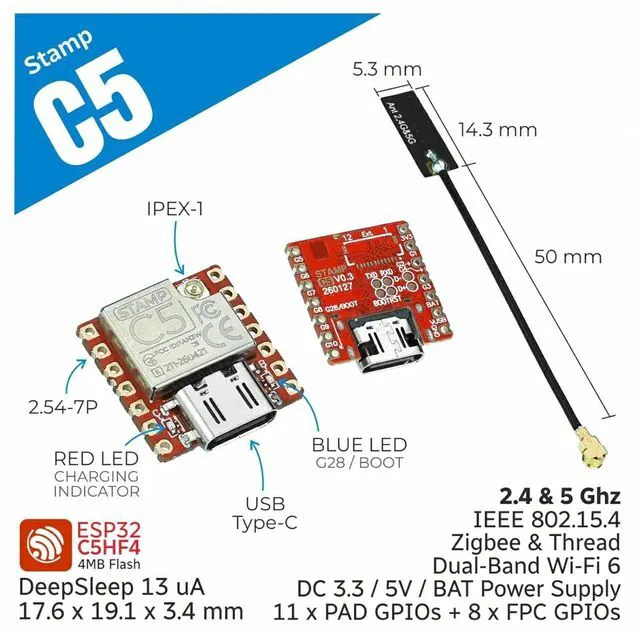 Alt view image 2 of 7 - HTLNUZD M 5Stack Stamp-C5 ESP32-C5 Wi-Fi 6 BLE Zigbee Module IoT