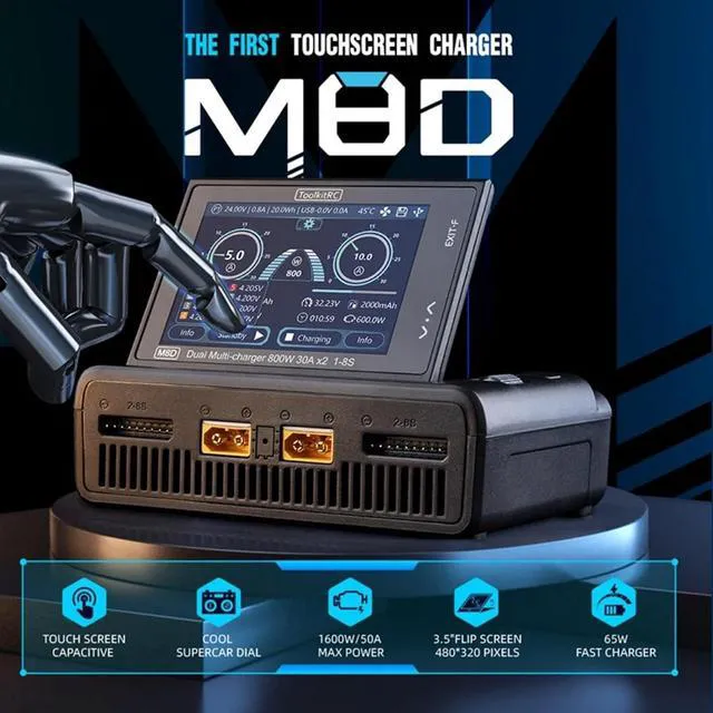 Alt view image 2 of 7 - HTLNUZD ToolkitRC M8D Touch Screen Charger 2 Channel 1600W Fast Charging for 1-8S Lithium Batteries for FPV