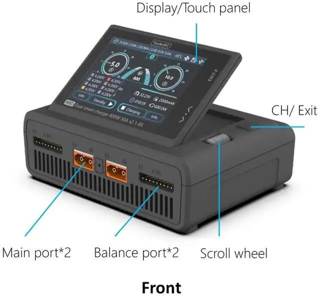 Alt view image 5 of 7 - HTLNUZD ToolkitRC M8D Touch Screen Charger 2 Channel 1600W Fast Charging for 1-8S Lithium Batteries for FPV
