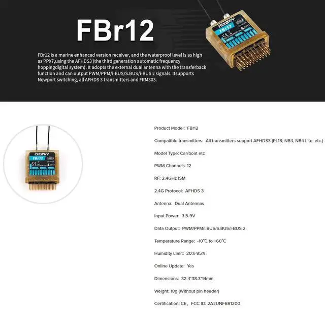 Alt view image 2 of 6 - HTLNUZD Flysky FBr12 Receiver 12 Channel Waterproof Enhanced - Compatible with PL18/NB4/NB4 Lite Transmitters, Supports AFHDS 3