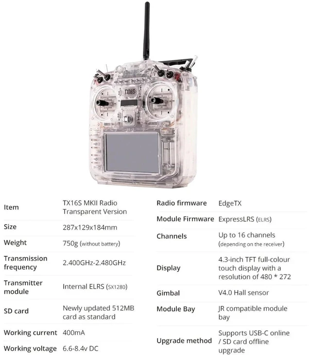 Alt view image 5 of 7 - HTLNUZD RadioMaster TX16S MKII FCC Transparent MCK Edition RC Transmitter ELRS M2 Protocol 16CH Sticky 360 Gimbal Stick Ends for FPV Racing Drones