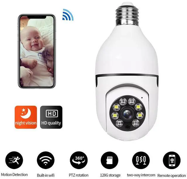 Main image of A6 E27 Bulb Security Camera, 1080p HD Panoramic PTZ, WiFi, Full-Color Night Vision, 360° Pan 90° Tilt, Motion Detection, Two-Way Audio, LED Lighting, for Home Monitoring