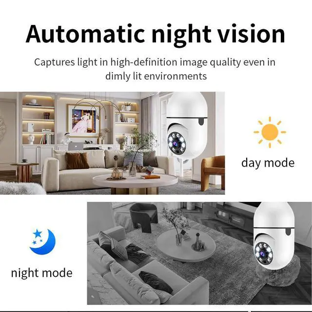 Alt view image 5 of 7 - A6 E27 Bulb Security Camera, 1080p HD Panoramic PTZ, WiFi, Full-Color Night Vision, 360° Pan 90° Tilt, Motion Detection, Two-Way Audio, LED Lighting, for Home Monitoring