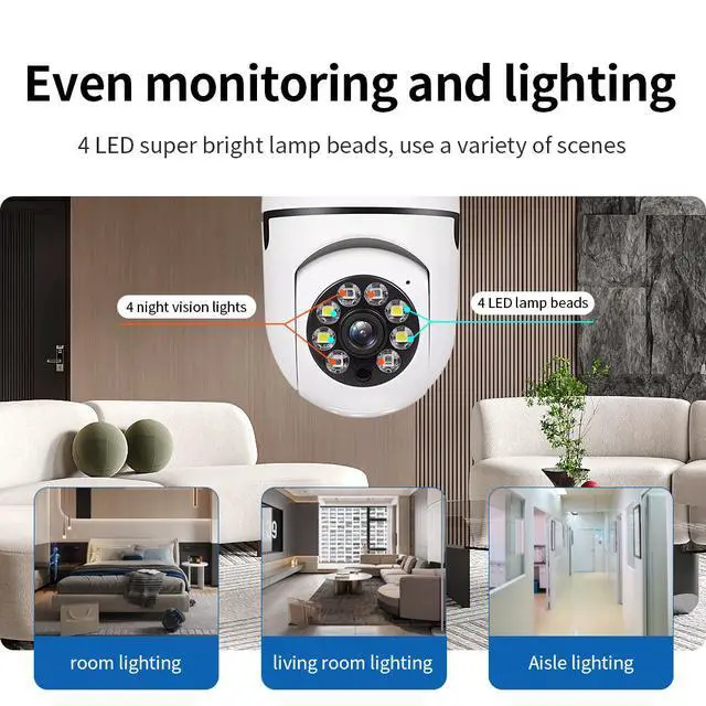 Alt view image 7 of 7 - A6 E27 Bulb Security Camera, 1080p HD Panoramic PTZ, WiFi, Full-Color Night Vision, 360° Pan 90° Tilt, Motion Detection, Two-Way Audio, LED Lighting, for Home Monitoring