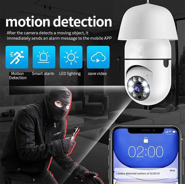 Alt view image 6 of 7 - A6 E27 Bulb Security Camera, 1080p HD Panoramic PTZ, WiFi, Full-Color Night Vision, 360° Pan 90° Tilt, Motion Detection, Two-Way Audio, LED Lighting, for Home Monitoring