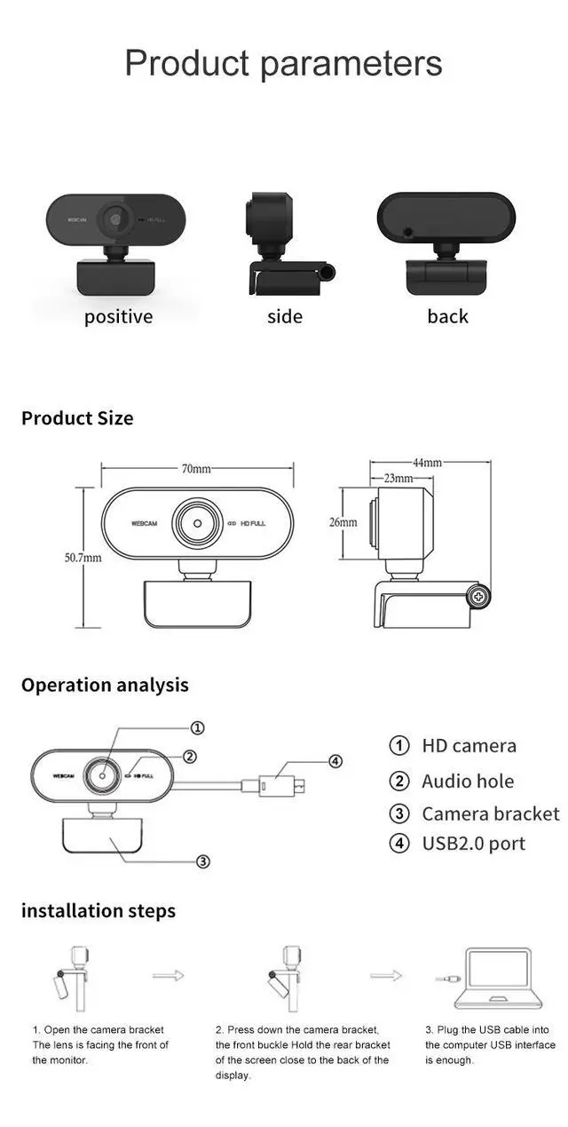 Alt view image 7 of 7 - C1 USB Webcam 1080p HD with Built-in Microphone Plug-and-Play Driver-Free for Laptop Desktop All-in-One Live Streaming Online Classes Video Conferencing