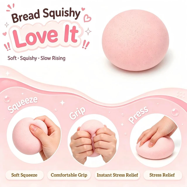 Alt view image 5 of 7 - Pink Cheese Slow Rising Squishy, Sticky Bread Squishy Stress Ball,Foam Bread Butter Squishy Round for Adult Stress Relief Desk Decor