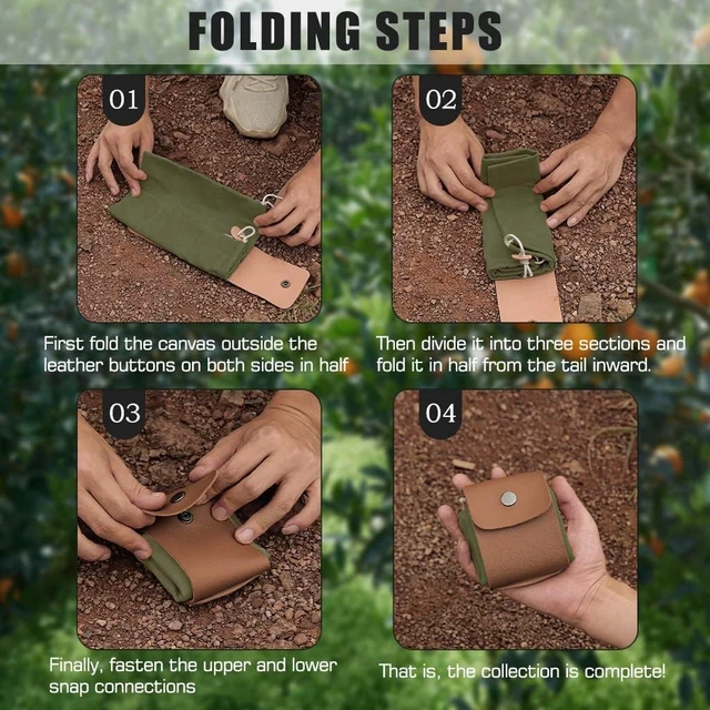 Alt view image 6 of 7 - Foraging Bag, Outdoor Picking Fruit Bags, Waxed Canvas Foraging Pouch, Foldable Leather Belt Pouch with Drawstring Multi-Purpose Picking Bag for Camping, Shells, Treasures, Travel, Hiking