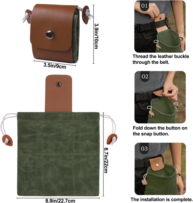 Alt view image 2 of 7 - Foraging Bag, Outdoor Picking Fruit Bags, Waxed Canvas Foraging Pouch, Foldable Leather Belt Pouch with Drawstring Multi-Purpose Picking Bag for Camping, Shells, Treasures, Travel, Hiking