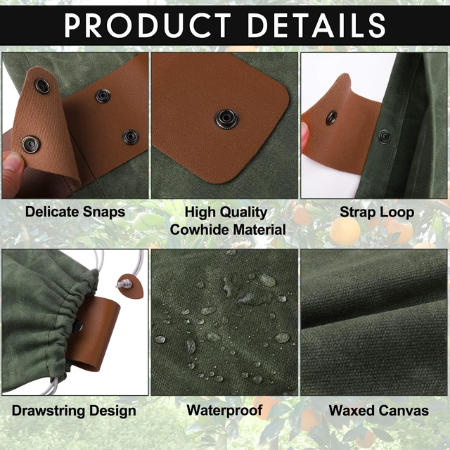Alt view image 3 of 7 - Foraging Bag, Outdoor Picking Fruit Bags, Waxed Canvas Foraging Pouch, Foldable Leather Belt Pouch with Drawstring Multi-Purpose Picking Bag for Camping, Shells, Treasures, Travel, Hiking