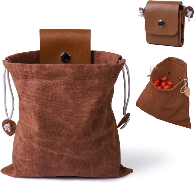 Main image of Foraging Bag, Outdoor Picking Fruit Bags, Waxed Canvas Foraging Pouch, Foldable Leather Belt Pouch with Drawstring Multi-Purpose Picking Bag for Camping, Shells, Treasures, Travel, Hiking