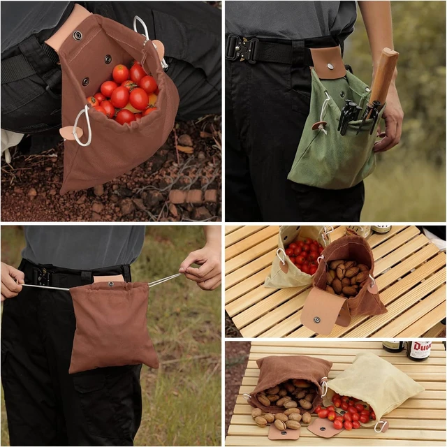 Alt view image 5 of 7 - Foraging Bag, Outdoor Picking Fruit Bags, Waxed Canvas Foraging Pouch, Foldable Leather Belt Pouch with Drawstring Multi-Purpose Picking Bag for Camping, Shells, Treasures, Travel, Hiking
