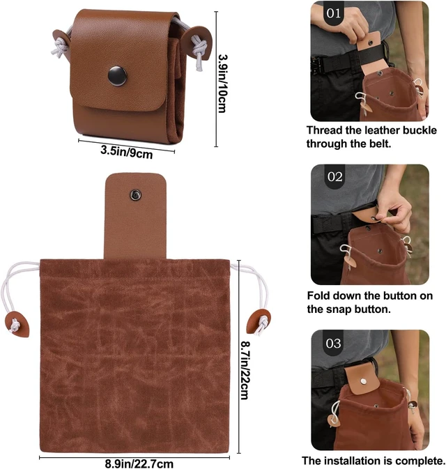 Alt view image 4 of 7 - Foraging Bag, Outdoor Picking Fruit Bags, Waxed Canvas Foraging Pouch, Foldable Leather Belt Pouch with Drawstring Multi-Purpose Picking Bag for Camping, Shells, Treasures, Travel, Hiking