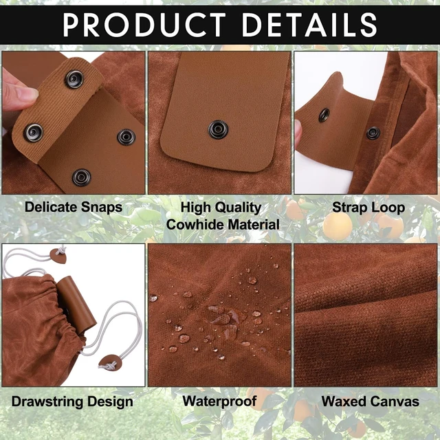 Alt view image 7 of 7 - Foraging Bag, Outdoor Picking Fruit Bags, Waxed Canvas Foraging Pouch, Foldable Leather Belt Pouch with Drawstring Multi-Purpose Picking Bag for Camping, Shells, Treasures, Travel, Hiking