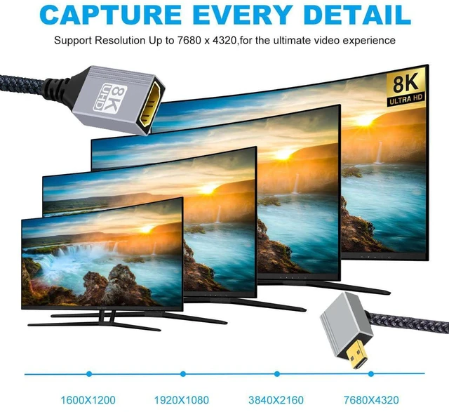 Alt view image 2 of 7 - xiwai 8K Micro HDMI 2.1 Type-D Male Down Angled 90 Degree to HDMI Female Extension HDTV Cable for Monitor DV Camera Laptop Portable 17cm