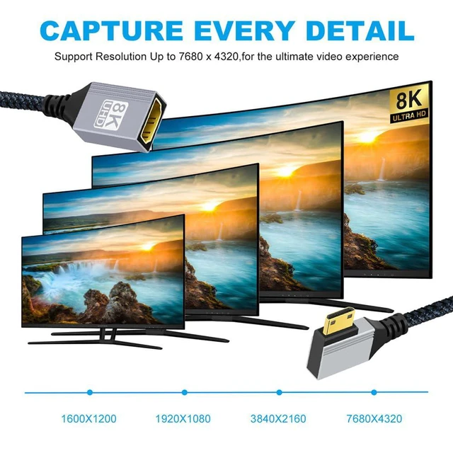 Alt view image 3 of 7 - xiwai Type-C Mini HDMI 2.1 8K Right Angled 90 Degree to HDMI Female Short Extension Cable HDTV for DV Camera Laptop Portable Monitor 17cm