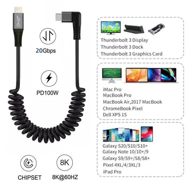 Alt view image 2 of 7 - 20Gbps 100W USB4 Stretch Coiled USB-C Cable 8K Type-C Male to Male Cable Power & Data for Laptop Keyboard Tablet 180cm After Stretch(Right Angled)