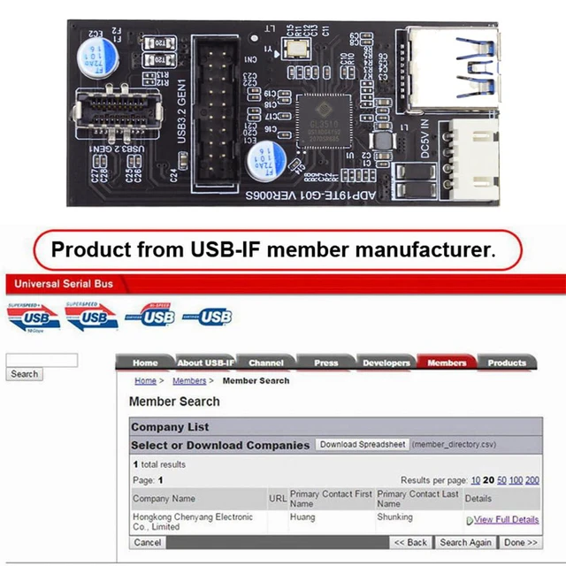 Alt view image 7 of 7 - Xiwai Type-C USB-C & 19/20Pin Header Splitter to USB 3.0 20Pin & Type-E Dual Ports Female PCBA Type Adapter HUB 5Gbps