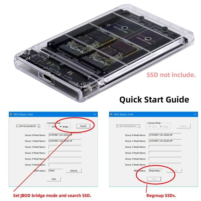 Alt view image 4 of 7 - xiwai Dual NGFF B+M-Key M.2 SSD Card JOBD Raid0 Span Bridge to USB3.0 Type-C USB-C 2.5inch SATA Combo Enclosure