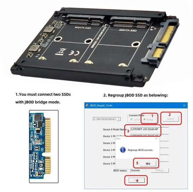 Alt view image 4 of 7 - Xiwai Dual MSATA Mini-SATA SSD Card JBOD Raid0 Span Bridge to 2.5inch SATA Combo HDD Disk Drive Enclosure
