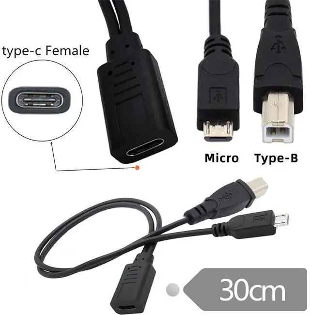 Alt view image 4 of 7 - Black Female Type-C USB-C to Standard USB2.0 Type-B & Micro USB Male Splitter Extension Charge 32AWG Cable