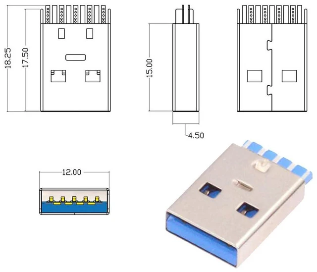 Alt view image 6 of 7 - xiwai USB DIY Kit USB 3.0 Type-A Male Plug Connector Welding Solder Type Aluminum Alloy Shell Black Customization Replacement Repair for 6.0mm Cable