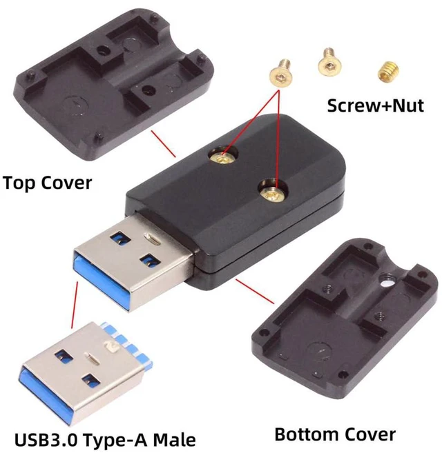 Alt view image 7 of 7 - xiwai USB DIY Kit USB 3.0 Type-A Male Plug Connector Welding Solder Type Aluminum Alloy Shell Black Customization Replacement Repair for 6.0mm Cable