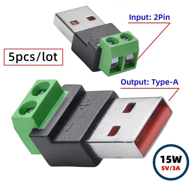 Alt view image 2 of 7 - xiwai 5pcs/Set 2Pin Terminal Input to Type-A Male Plug Output Connector Repair DIY OEM Solderless Connector DC 5V USB2.0 Power