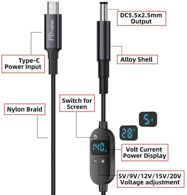 Alt view image 2 of 7 - xiwai Type C USB-C Input to 5.5 * 2.5mm Output Power 20V 15V 12V 9V 5V DC Smart LED Display USB Adjustable Voltage Cable 100W 140W 65W PD Charge Cord for Laptop