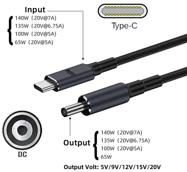 Alt view image 6 of 7 - xiwai Type C USB-C Input to 5.5 * 2.5mm Output Power 20V 15V 12V 9V 5V DC Smart LED Display USB Adjustable Voltage Cable 100W 140W 65W PD Charge Cord for Laptop