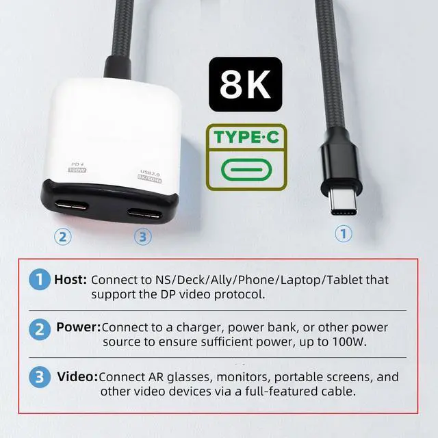 Alt view image 7 of 7 - USB-C Type-C 1-to-2 VR AR Glass OTG 8K Video USB-C Female 100W PD Power Cable for NS Handheld Console Laptop Tablet Phone (White)