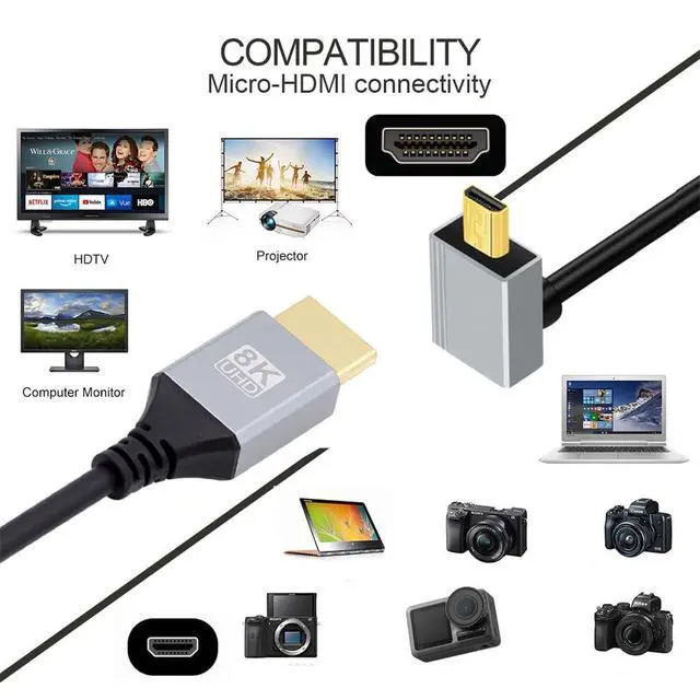 Alt view image 5 of 7 - 8K 4K Ultra Thin Micro HDMI 2.1 HDTV Cable Hyper Super Flexible Slim Cord Type-A to Type-D Up Angled for Camera HDTV 50cm