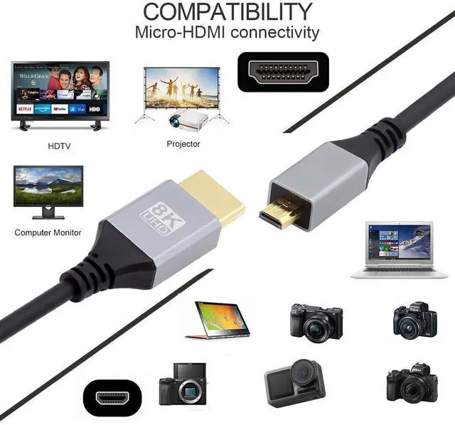 Alt view image 3 of 7 - 8K 4K Micro HDMI 2.1 Ultra Thin HDTV Hyper Super Flexible Slim Cord Type-A to Type-D Cable for Camera HDTV 100CM