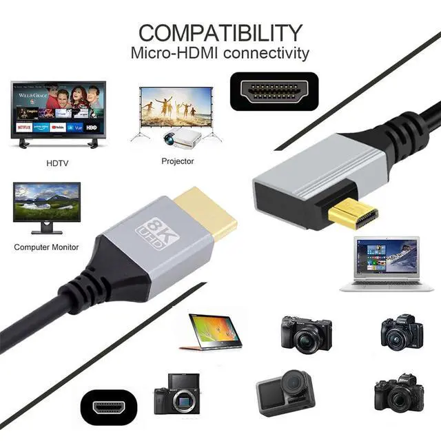 Alt view image 5 of 7 - 8K 4K Ultra Thin Micro HDMI 2.1 HDTV Cable Hyper Super Flexible Slim Cord Type-A to Type-D Right Angled for Camera HDTV 50cm