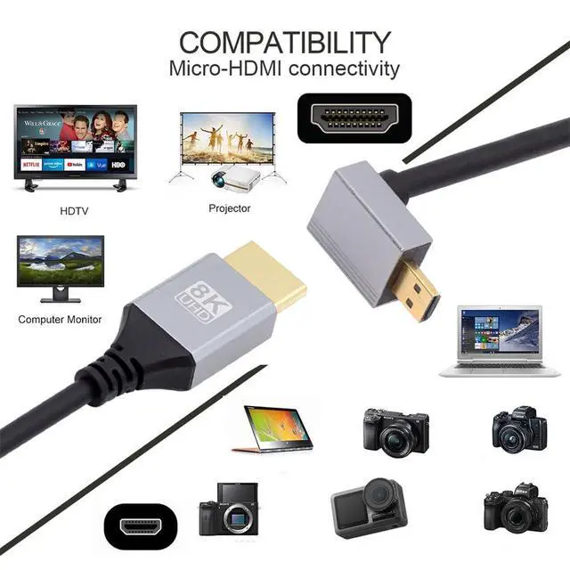 Alt view image 5 of 7 - 8K 4K Ultra Thin Micro HDMI 2.1 HDTV Cable Hyper Super Flexible Slim Cord Type-A to Type-D Down Angled for Camera HDTV 50cm