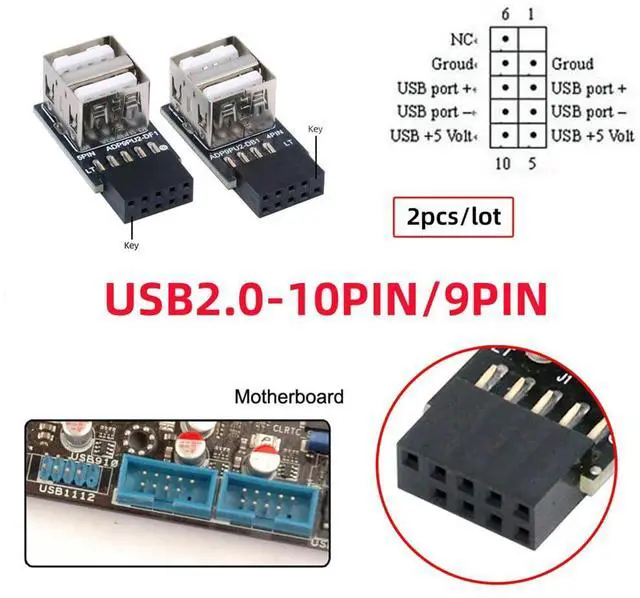 Alt view image 4 of 7 - 2pcs/lot USB2.0 9Pin 10Pin Motherboard Header Female to Dual USB 2.0 Female Adapter Horizontal Type