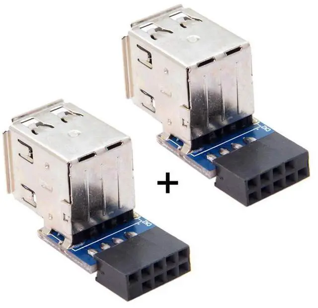 Main image of 2pcs 9Pin/10Pin Motherboard Female Header to Dual USB 2.0 Female Adapter Vertical Type