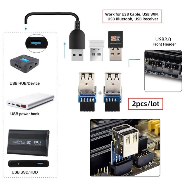 Alt view image 5 of 7 - xiwai 2pcs 9Pin/10Pin Motherboard Female Header to Dual USB 2.0 Female Adapter Vertical Type