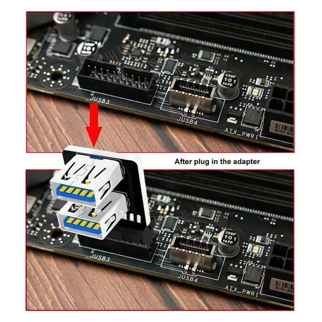 Alt view image 7 of 7 - xiwai Reverse Angled Dual Type-A Female USB 3.0 to Motherboard 20/19 Pin Box Header Slot Adapter 90 Degree 10Gbps Vertical Type Card for PC Mainboard Expansion