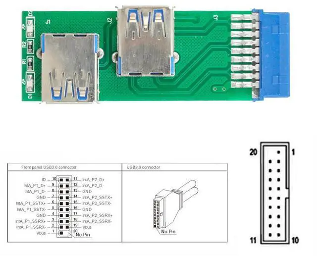 Alt view image 4 of 7 - xiwai Dual Side USB 3.0 A Type Female to Motherboard 20Pin 19 Pin Box Header Slot Adapter PCBA with LED