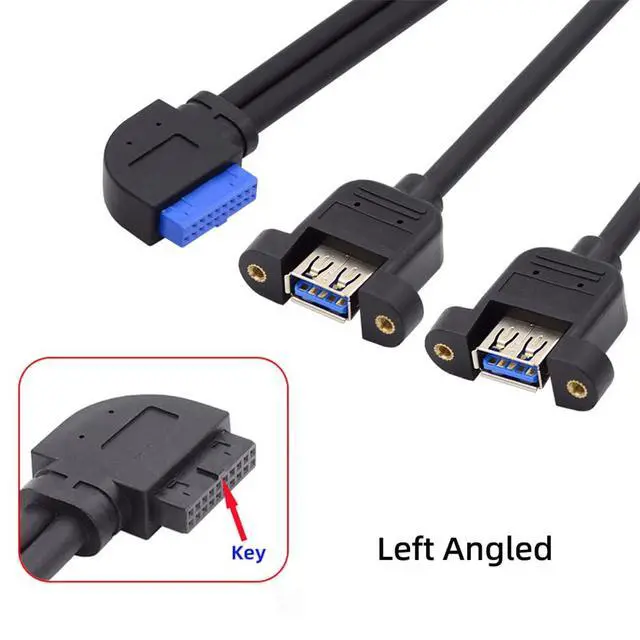 Alt view image 2 of 7 - 5Gbps 19/20Pin Motherboard Header to USB 3.0 Dual Ports Female Screw Mount Type Extension Cable 90 Degree Left Angled