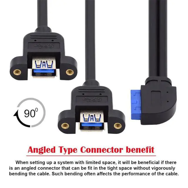 Alt view image 7 of 7 - 5Gbps 19/20Pin Motherboard Header to USB 3.0 Dual Ports Female Screw Mount Type Extension Cable 90 Degree Left Angled